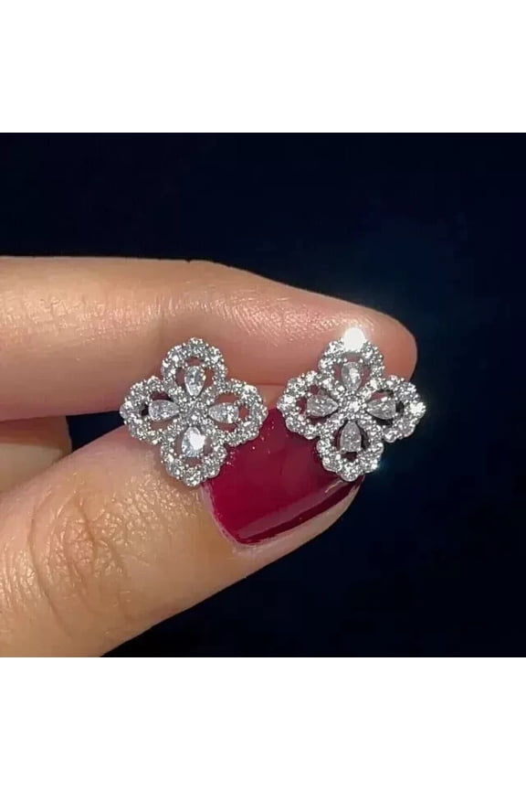 Flower Stud Earring 2Ct Pear Cut Lab Created Diamond 14k White Gold Plated