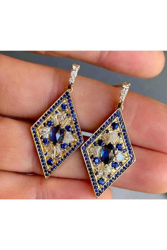 Oval Style Sapphire & Lab Created Diamond Wedding 14K Yellow Gold Plated Earrings