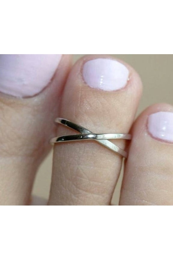 Women's Solid Metal 925 Silver Adjustable Criss Cross Toe Ring White Gold Plated
