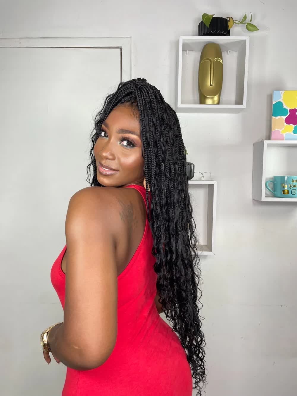 JALIZA Triangle Base Human Hair Boho Curls 36" HD Full Lace Knotless Boho Box Braided Wig Full Density 99 Strands