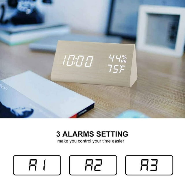JALL Digital Alarm Clock, with Wooden Electronic LED Time Display, 3