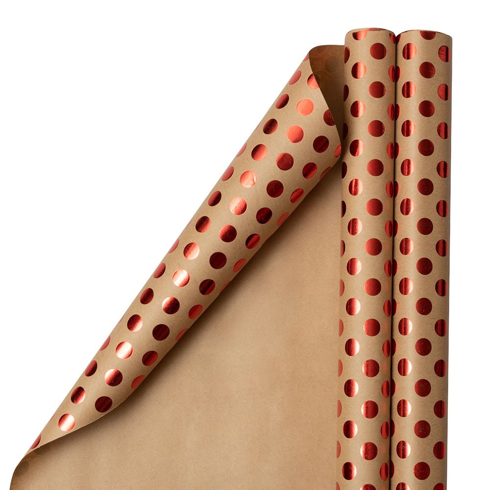 JAM Brown Paper Christmas Kraft Gift Wrap Papers, with Red Dots (2 Rolls) 50 sq ft.