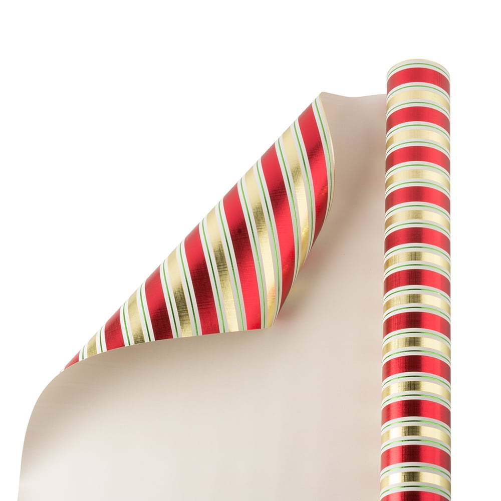 JAM Christmas Wrapping Paper, 25 Sq Ft, 1/Pack, Red & Gold Embossed Stripes Gift Wrap