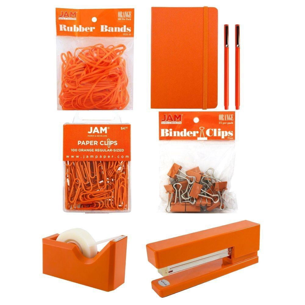JAM Complete Desk Kit, Orange, Stapler, Tape Dispenser, Journal, Pens, Rubber Bands, Paper Clips & Binder Clips, 7/Pack