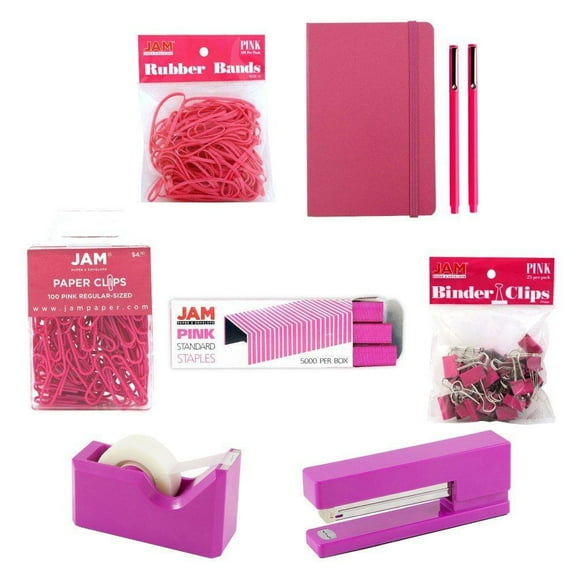 JAM Complete Desk Kit, Pink, Stapler, Tape Dispenser, Staples, Journal, Pens, Rubber Bands, Paper Clips & Binder Clips, 8/Pack