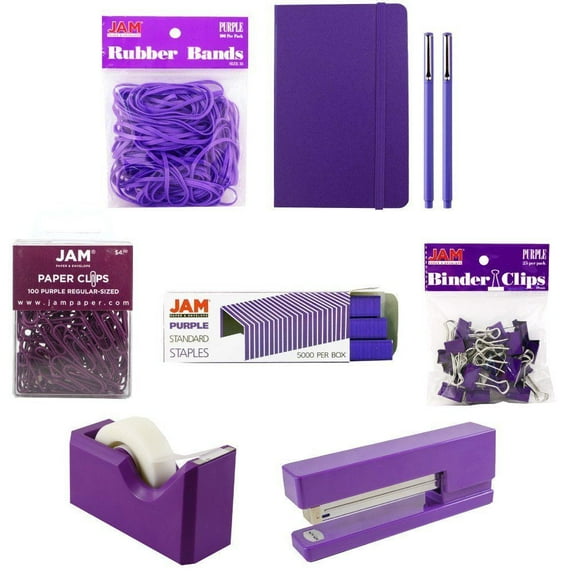 JAM Complete Desk Kit, Purple, 8/Pack, Stapler, Tape Dispenser, Staples, Journal, Pens, Rubber Bands, Paper Clips & Binder Clips