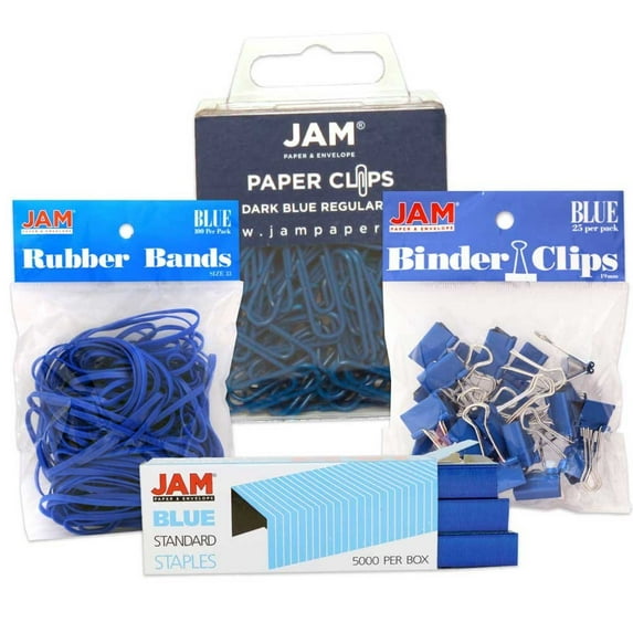 JAM Desk Supply Assortment, Blue, 4/Pack, 1 Rubber Bands, 1 Staples, 1 Binder Clips & 1 Paper Clips