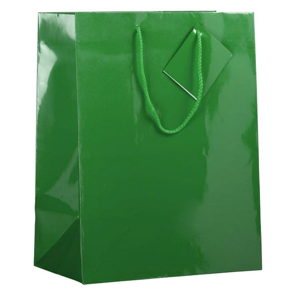 JAM Glossy Gift Bags, 10 x 13 x 5, Green, 100/Pack, Large