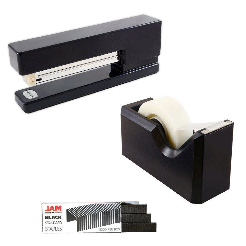 JAM Office & Desk Set, Black, 3/Pack, 1 Tape Dispenser, 1 Stapler & 1