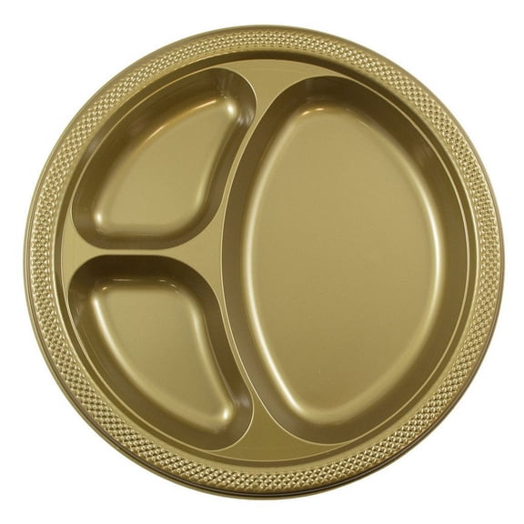JAM Paper 3 Compartment Divided Plastic Plates, 20 per Pack, Gold, Large, 10.25"