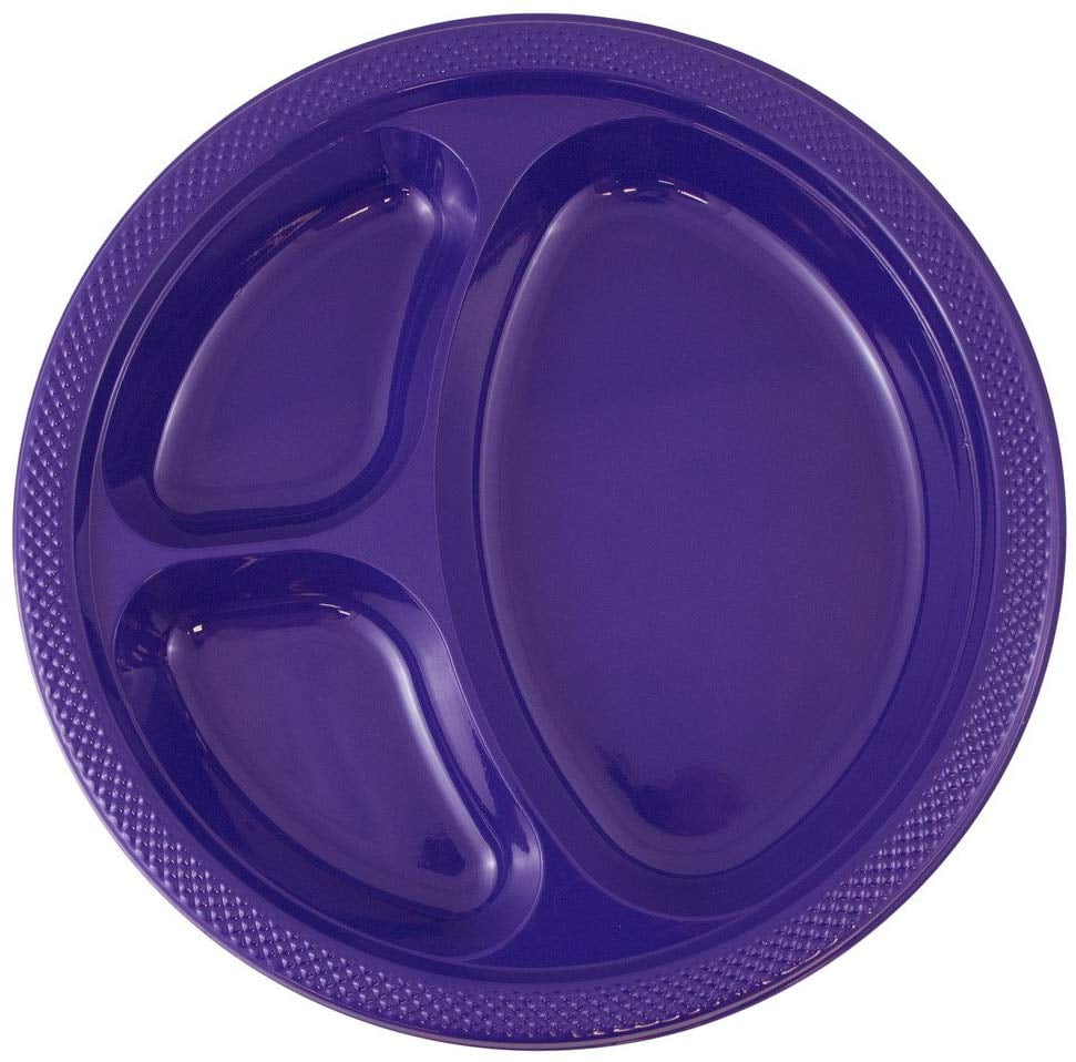 JAM Paper 3 Compartment Divided Plastic Plates, 20 per Pack, Purple, Large, 10.25"