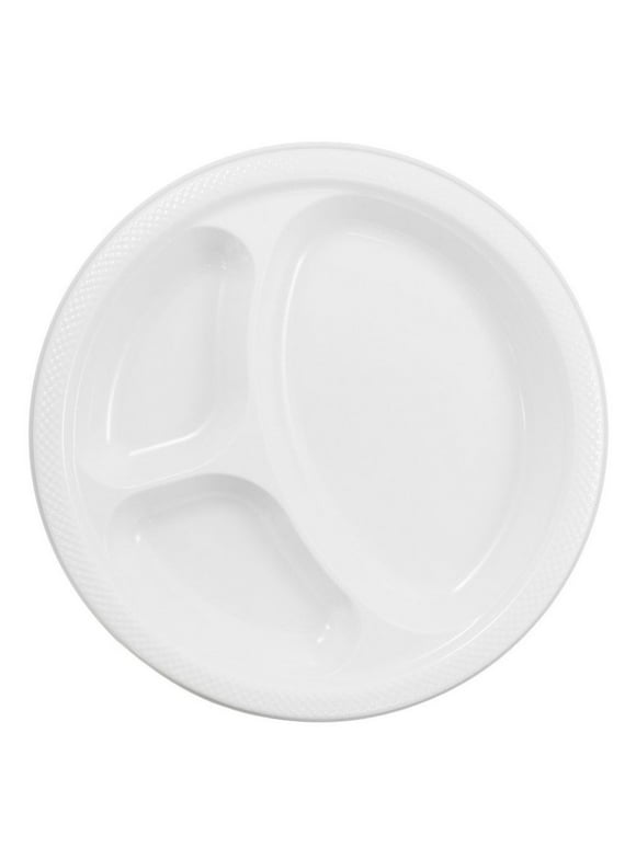 JAM Paper 3 Compartment Divided Plastic Plates, 20 per Pack, White, Large, 10.25"