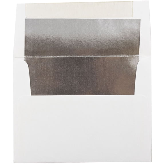 JAM Paper A2 Foil Envelopes, 4 3/8 x 5 3/4, White with Silver, 50 Per Pack