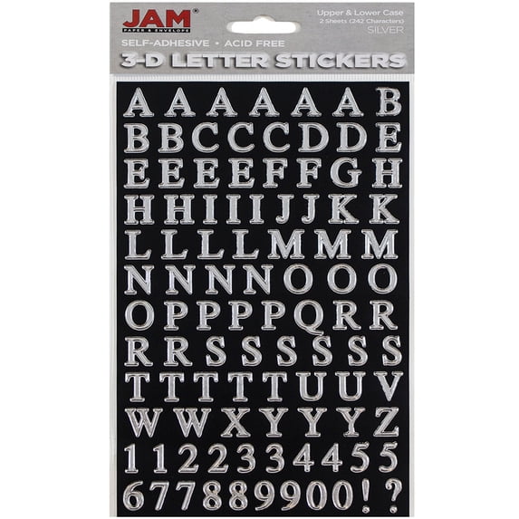 JAM Paper Alphabet Letter and Number Stickers, 242/Pack, Silver