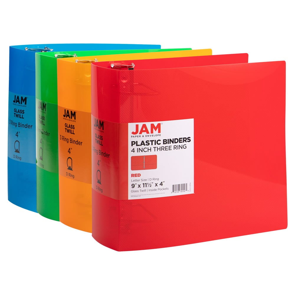 JAM Paper Assorted Plastic 3 Ring Binders, 4 inch, Red, Green, Blue & Orange, 4 per Pack