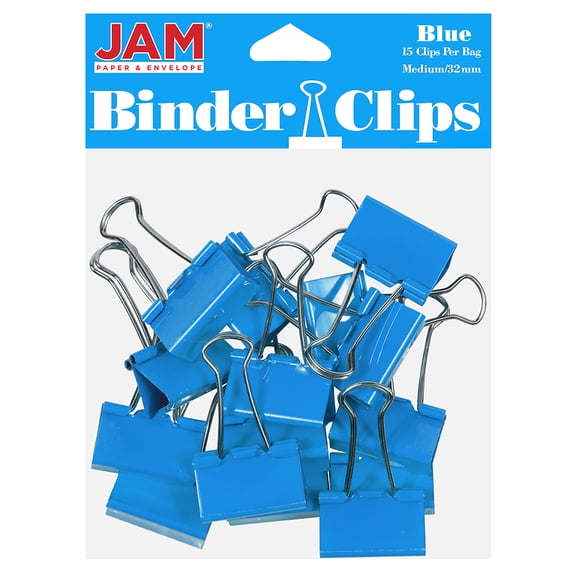 JAM Paper Binder Clips, 1 1/4 in, Blue, 15/Pack