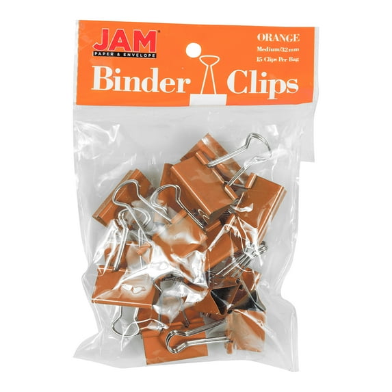 JAM Paper Binder Clips, Medium, 1 1/4 inch (32 mm), Orange, 15/Pack