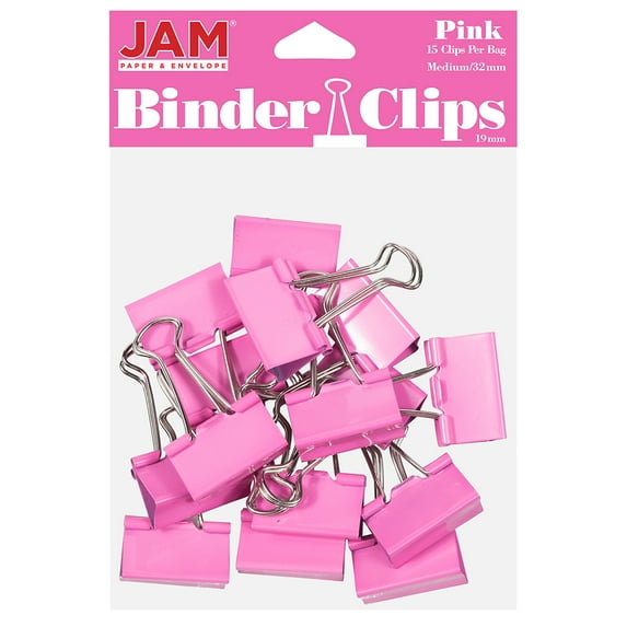 JAM Paper Binder Clips, Medium, 1 1/4 inch (32 mm), Pink, 15 per Pack