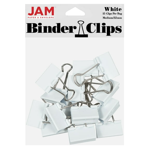 JAM Paper Binder Clips, Medium, White, 1 1/4 in, 15/Pack