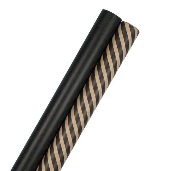 JAM Paper Black & Brown Kraft All Occasion Wrapping Paper, Stripe & Solid, 2/Pack