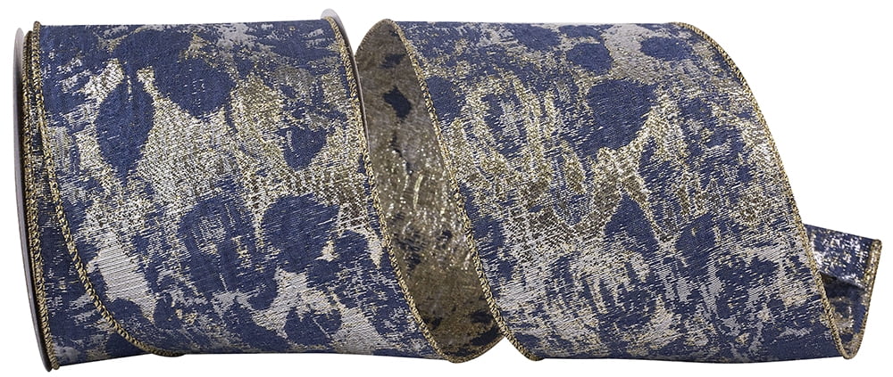 JAM Paper Brocade Metallic Ribbon, Denim Blue, 4in x 10yd, 1/Pack