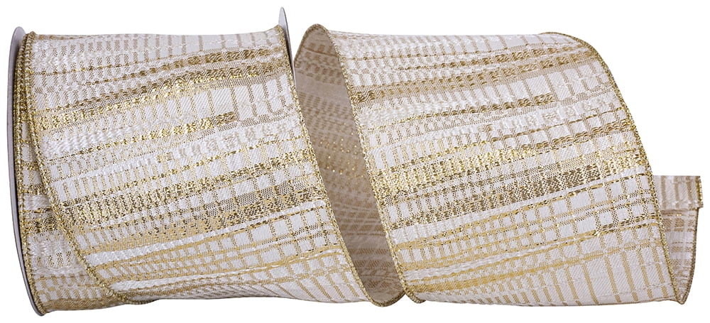 JAM Paper Brocade Stripe Metallic Ribbon, Ivory & Gold, 4in x 10yd, 1/Pack