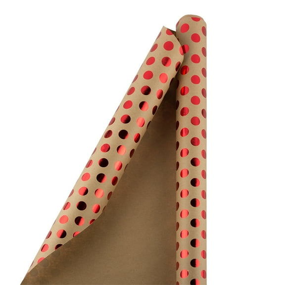 JAM Paper Brown Kraft Christmas Wrapping Paper with Red Polka Dots, 25 Sq. ft., 1/Pack
