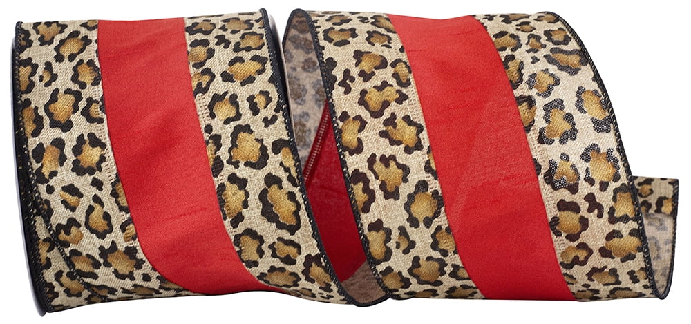 JAM Paper Cheetah Spot Dupioni Stripe Grand Wired Edge Ribbon, Natural & Red, 4in x 10yd, 1 per Pack