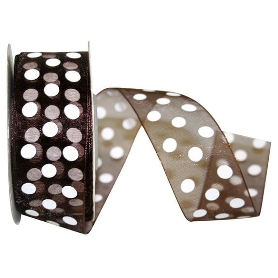 JAM Paper Chiffon Polka Dot All Occasion Brown Nylon Ribbon, 900" x 1.5"