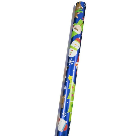 JAM Paper Christmas Design Wrapping Paper, 25 Sq ft, Metallic Blue North Pole Characters, 1/Pack