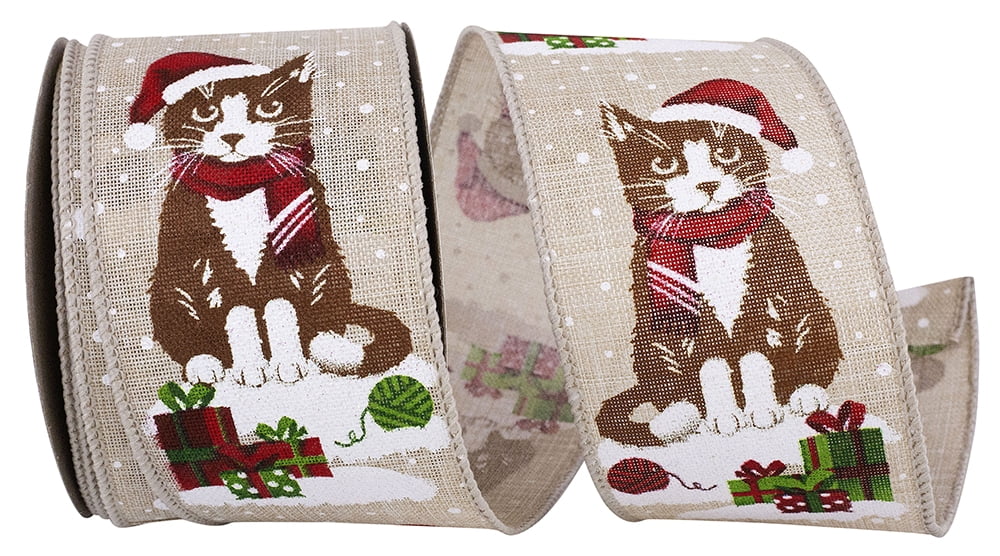 JAM Paper Christmas Kittens Sparkle Wired Edge Ribbon, Natural, 2.5in x 10yd, 1 per Pack