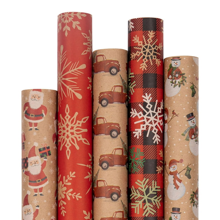 JAM Paper Christmas Kraft Gift Wrap Papers, Multi-color, (5 Rolls) 2.08 sq  ft.