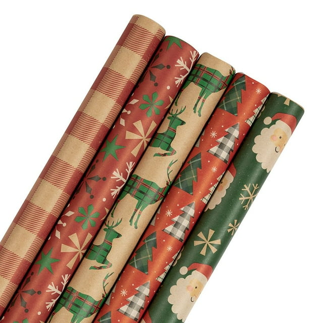 JAM Paper Christmas Kraft Gift Wrap Papers, Multicolor, (5 Rolls) 2.08