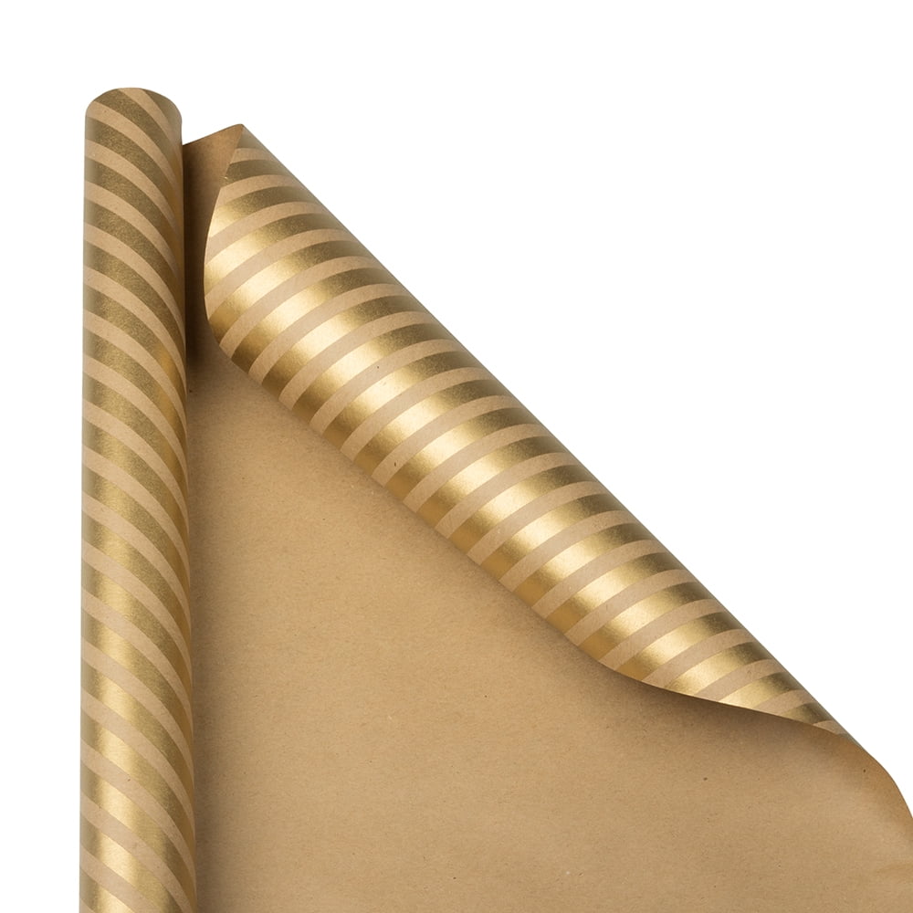 Jam Paper Kraft Gold Stripes & Solids Deluxe Set Wrapping Paper, 87.5 Sq ft, 3/Rolls