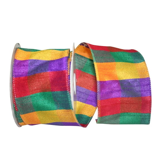JAM Paper Christmas Multi-color Polyester Check Ribbon, 30' x 2.5"