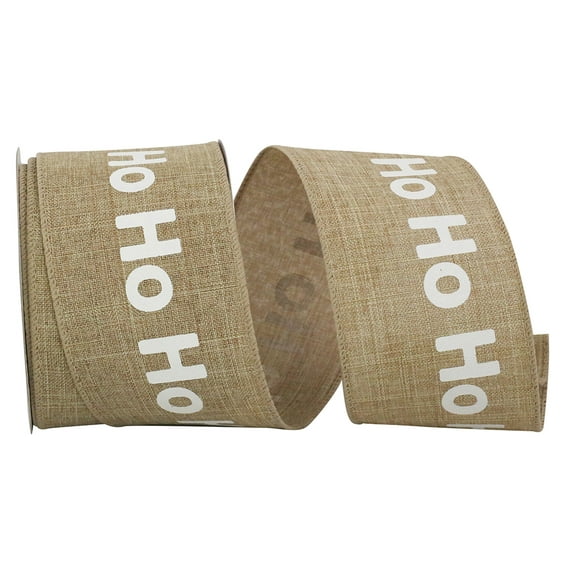JAM Paper Christmas Natural Polyester 'Ho Ho Ho' Ribbon, 10yd x 2.5in, 1/Pack