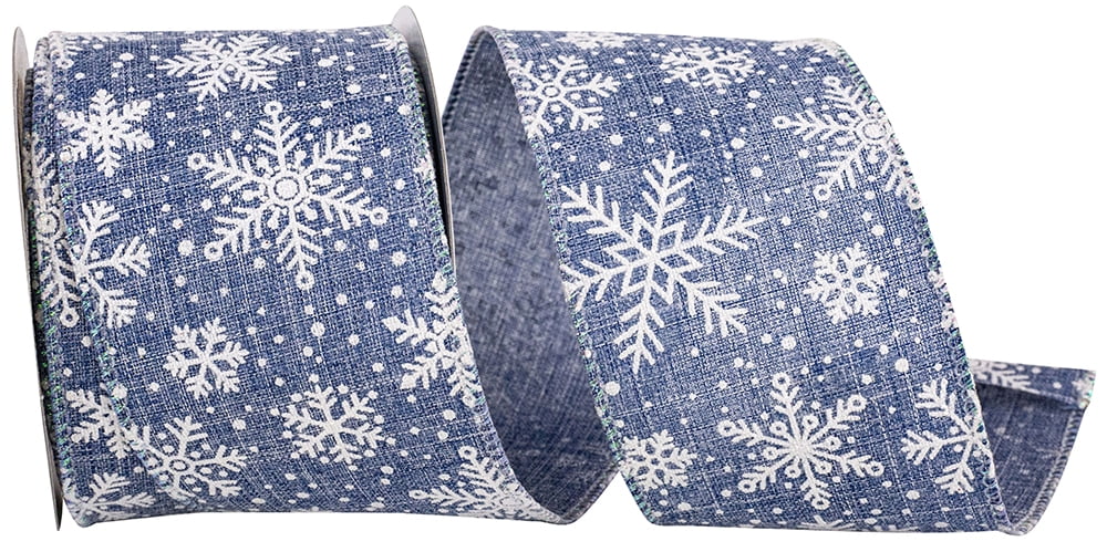 2.5” Snowflake Denim Blue Wired Ribbon / Sold By The Yard