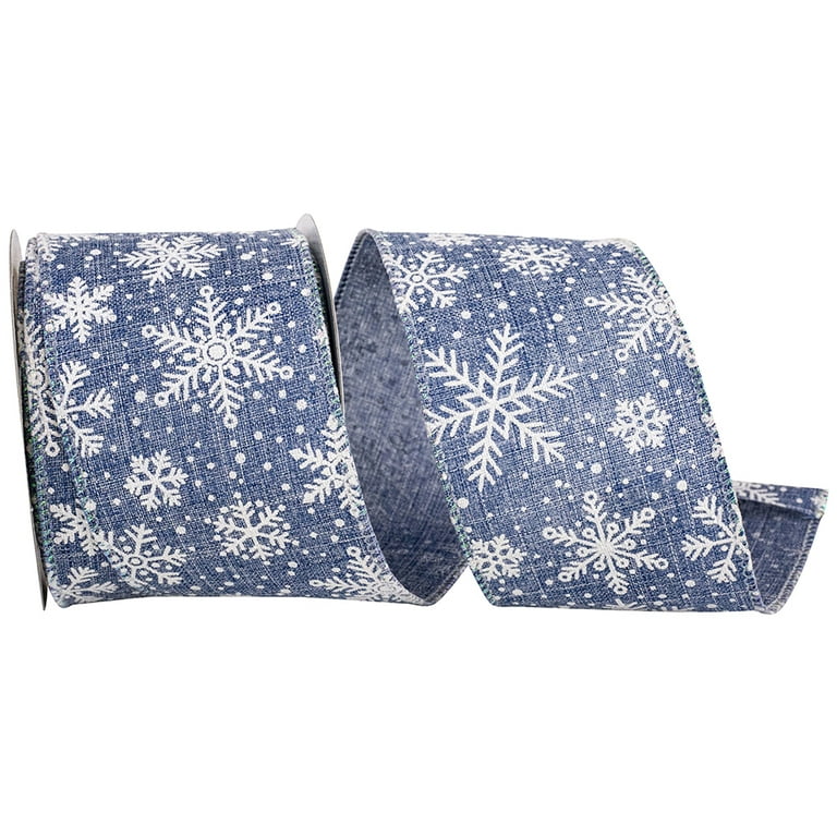 JAM Paper Christmas Snowflake Ribbon, Denim, Blue & White, 2.5in x 10yd,  1/Pack