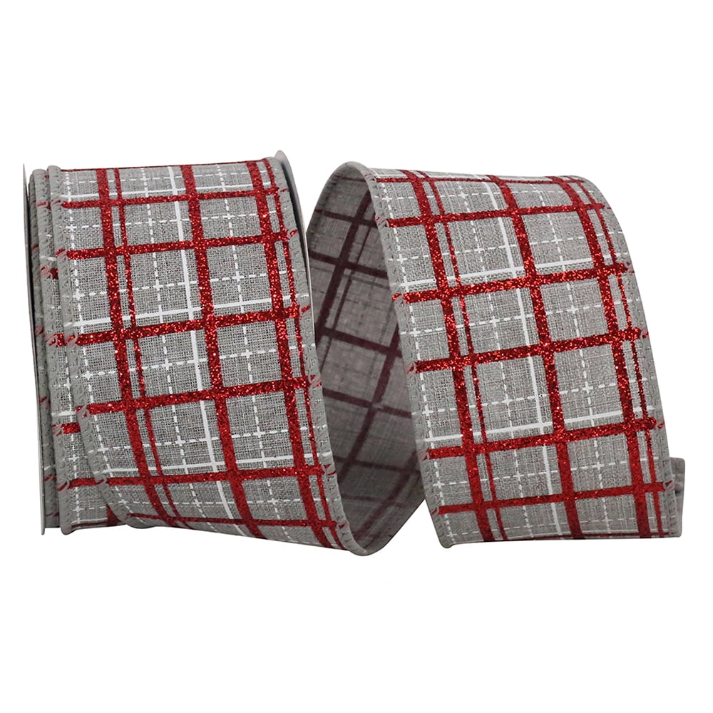 JAM Paper Christmas Stripe Ribbon, Glitter, Grey, 2.5in x 10yd, 1/Pack