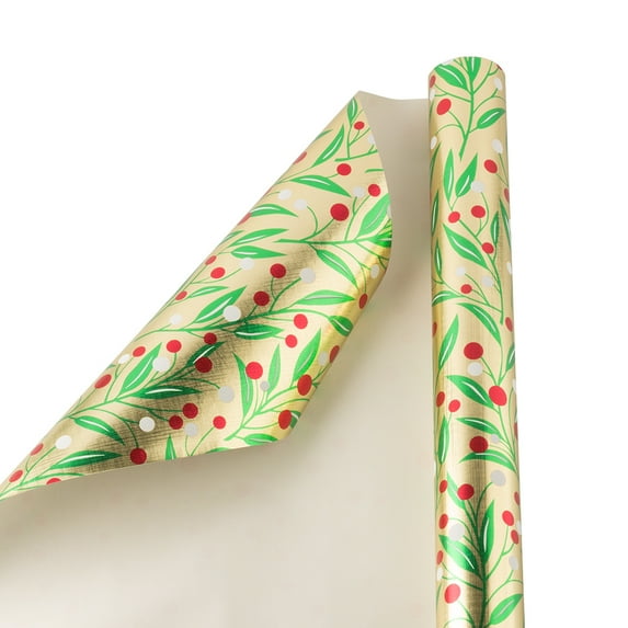 JAM Paper Christmas Wrapping Paper, 25 Sq Ft, 1/Pack, Embossed Gold with Holly Gift Wrap