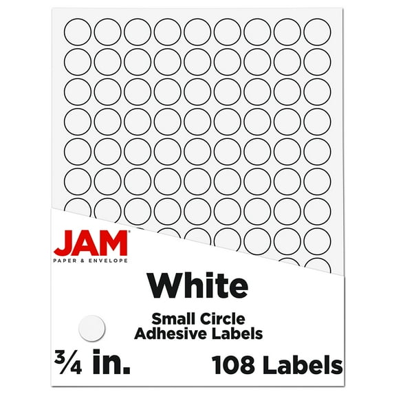 JAM Paper Circle Label Sticker Seals, 0.75-in, White, 108 Round Labels/Pack