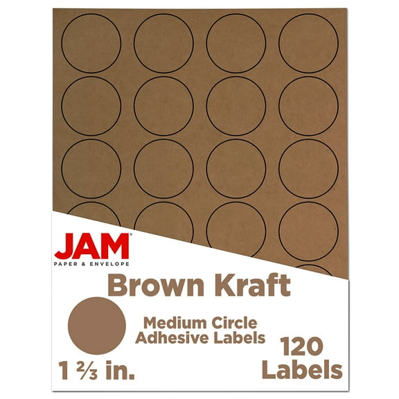 JAM Paper Circle Label Sticker Seals, 1 2/3 in, Brown Kraft, 120 Round Labels/Pack