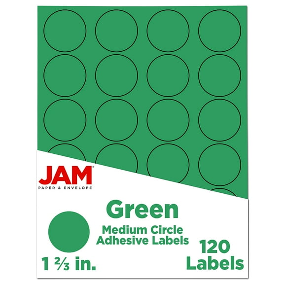 JAM Paper Circle Label Sticker Seals, 1 2/3 in, Green, 120 Round Labels/Pack