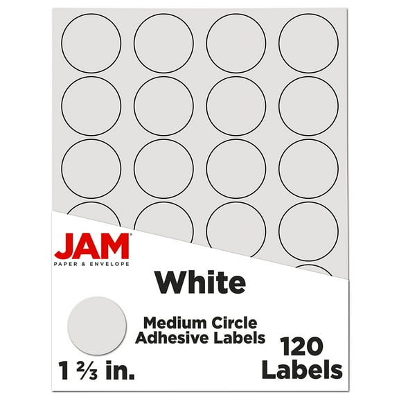 JAM Paper Circle Label Sticker Seals, 1 2/3 in, White, 120 Round Labels/Pack