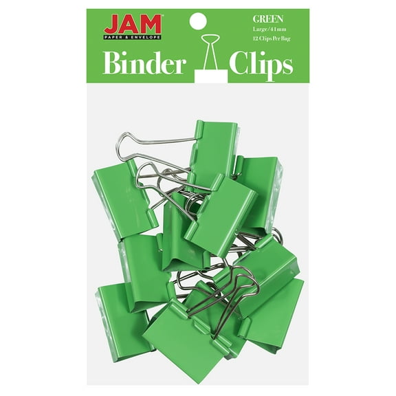 JAM Paper Colorful Binder Clips, Large, 1 1/2 in, Green Binder clips, 12/Pack