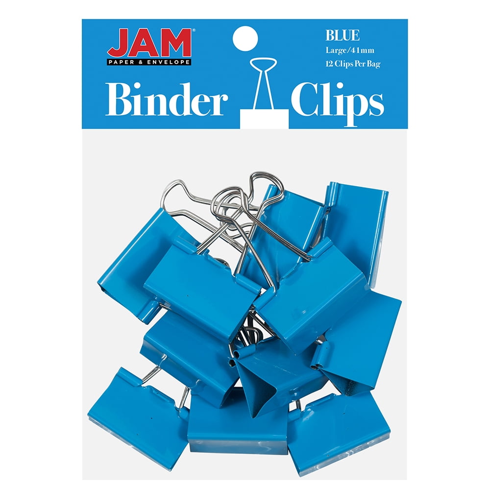 JAM Paper Colorful Binder Clips, Large, 1 1/2 inch (41 mm), Blue Binder clips, 12/Pack
