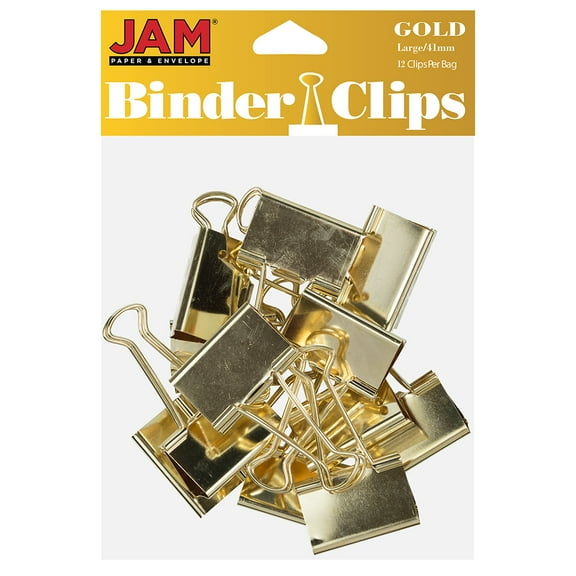 JAM Paper Colorful Binder Clips, Large, 1 1/2 inch (41 mm), Gold, 12/Pack
