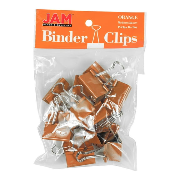 JAM Paper Colorful Binder Clips, Medium, 1 1/4 inch (32 mm), Orange, 15/Pack