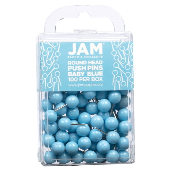 JAM Paper Colorful Push Pins, Round Head Map Thumb Tacks, Baby Blue Pushpins, 100/Pack