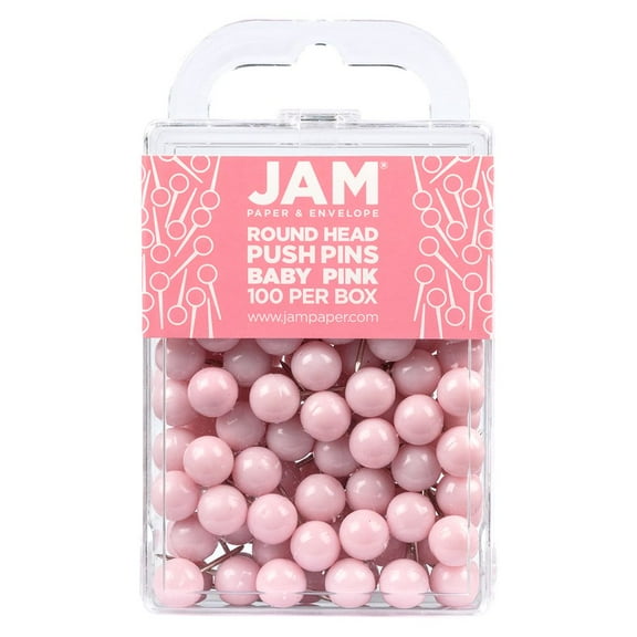 JAM Paper Colorful Push Pins, Round Head Map Thumb Tacks, Baby Pink Pastel, 100/Pack